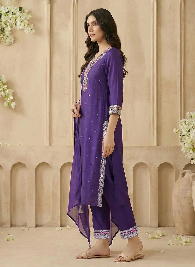 globus Purple Globus Women Purple Scalloped Round Neck Embroidered Yoke A-Line Kurta with Wide Leg Pants & Dupatta Festive Set for Women | Best Price UAE